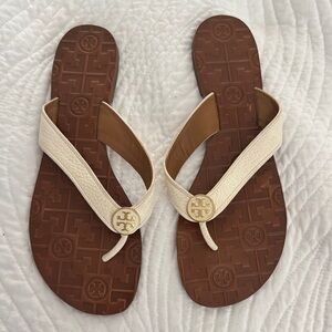 Tory Burch Ivory and Chestnut Flip Flops